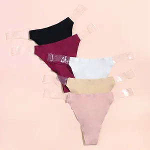 Set of multi-color seamless thongs with transparent invisible waist straps for women