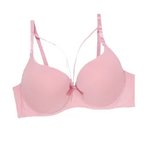 Elegant pink seamless push-up bra featuring sexy strappy details and a center bow