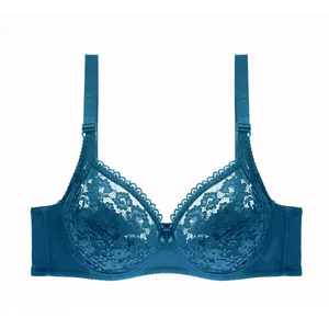 Sexy full cup lace bra for plus size women in elegant teal blue breathable mesh fabric