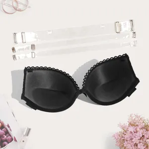 Black strapless lace bra set with three transparent adjustable shoulder straps for party dress