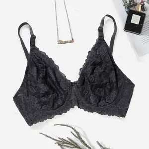 Detail view of sexy black lace bra with ultra-thin cups and adjustable straps.