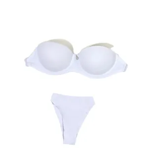 Classic white strapless balcony bra and high-cut thong set for bridal or evening wear