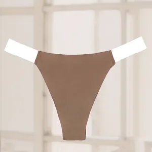 Detailed front view of brown seamless thong featuring a white transparent elastic waist