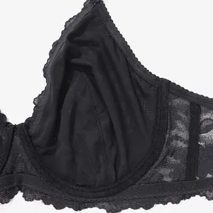 Close-up detail of sexy black lace bra with ultra-thin breathable mesh cup and underwire