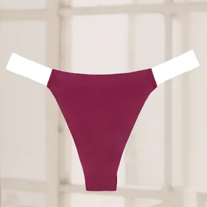 Sexy seamless low waist thong for women with wide white waistband in maroon