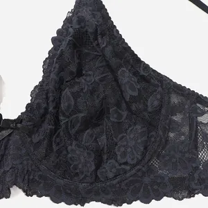 Close-up macro view of the intricate floral lace texture on an ultra-thin black bra cup