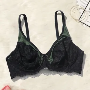Close-up detail of sexy plus size sheer lace full cup bra with dark green lining