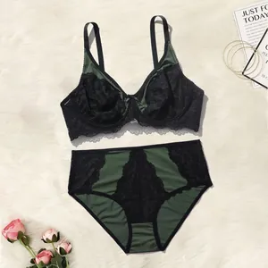 Elegant dark green and black floral lace lingerie set featuring an underwired full cup bra
