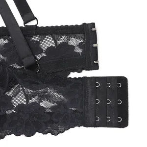 Detailed view of the back closure and lace fabric of a black plus size sexy lace bra