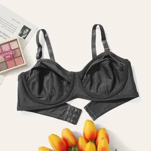 Detail view of plus size ultra-thin black half-cup underwired bra with adjustable straps