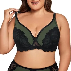 Plus size green full cup bra with elegant black floral lace and adjustable straps