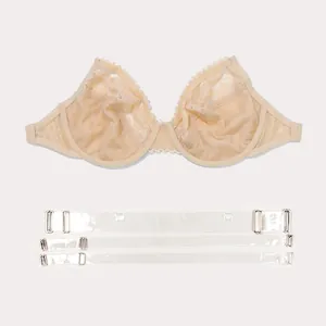 Detailansicht des beigen Spitzen-Bügel-BHs mit drei transparenten Trägern.