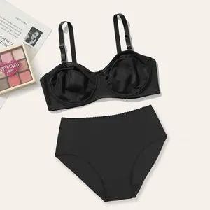 Detailed view of black ultra-thin unpadded lingerie set with underwire bra and mid-waist panties