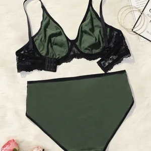 Elegant dark green lingerie set featuring lace underwire bra and high-waist panty