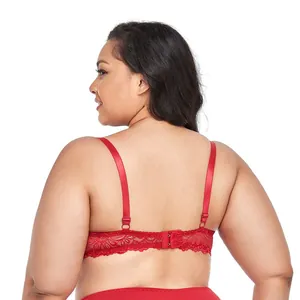Detailed back view of a red plus size lace bra with adjustable straps and double row hooks