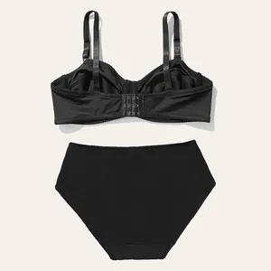 Rear view detail of black ultra-thin non-padded underwire bra and mid-waist panties set.