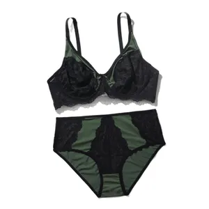 Elegant dark green and black lace lingerie set with full cup underwire bra and panty