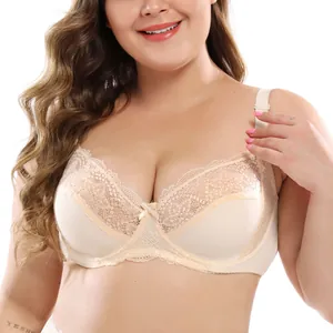 Close-up view of a comfortable beige plus-size full cup lace bra with delicate mesh details