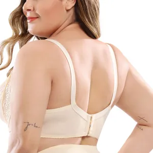 Back view detail of plus size beige lace bra featuring U-shaped straps and hook closure