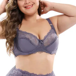 Detail of purple lace plus size bra with delicate floral patterns and underwire support.