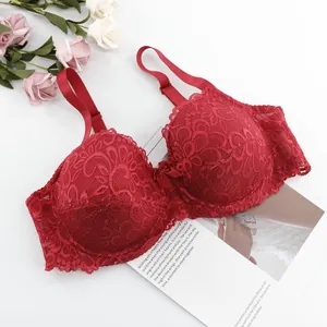 Close-up view of elegant red lace push-up bra with floral props