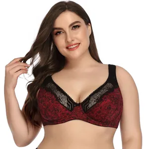 Dames Plus Size Bloemenprint Kant Beugelbeha Sexy Ultradunne Volledige Cup Push Up Comfort Beha In Nylon Spandex