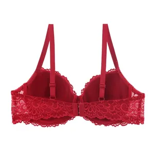 Detailed back view of red lace full cup bra showing double row buckle and adjustable straps.