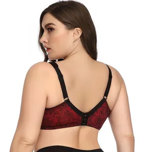 Elegante rood-zwarte plus size bloemenkant beha met beugel, volledige cup en U-vormige rug