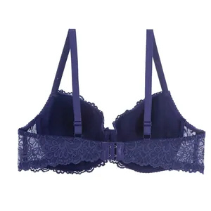 Detailed back view of blue lace bra showing double hook closure and adjustable straps.