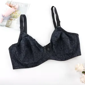 Close-up of thin full cup bra with elegant dark floral pattern and bow detail
