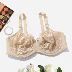 Close-up of elegant beige lace bra detailing intricate floral patterns and supportive underwire
