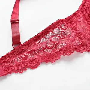 Exquisite close-up detail of red floral lace pattern and adjustable strap on a bra