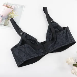 Back view detail of thin full cup minimizer bra with floral pattern and 3-row hook closure