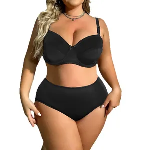 Plus size black lingerie set with ultra-thin underwired bra and high waist panties