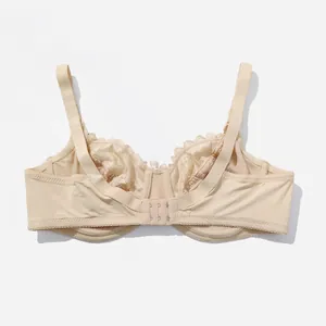 Detailed back view of a beige lace full cup wired bra with comfortable double-row hooks