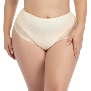 Vue détaillée en gros plan d'une culotte en dentelle beige grande taille à taille moyenne