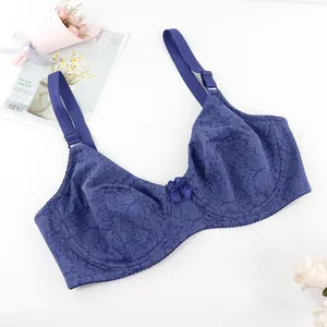 Close-up of a navy blue full coverage bra featuring floral patterns and a cute central bow