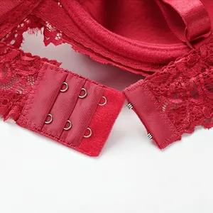 Detailed macro shot of red floral lace bra featuring double row hook and eye back closure