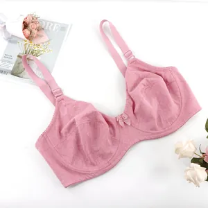 Detailed view of pink floral full cup bra with dainty bow and thin cup design