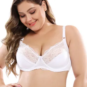 Close-up of white plus size full cup bra with elegant lace and mesh details