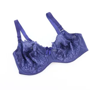 Detailed view of an indigo blue lace full cup underwire bra with a delicate bow