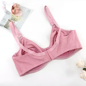 Detailed back view of pink floral lace full coverage bra with wide side bands