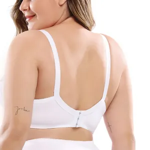 Detailed back view of a white plus size full cup bra featuring U-shaped support straps