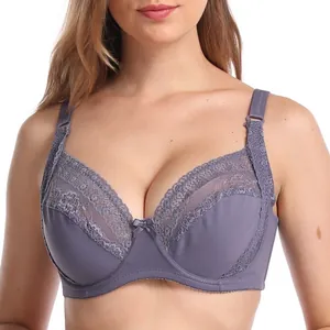 Detailansicht eines lila Spitzen-Bügel-BHs mit zarter Schleife und dünnen Cups