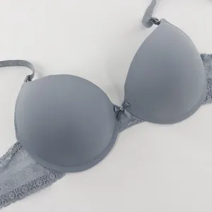 Close-up of a grey lace bra featuring a small bow detail and thin molded cups