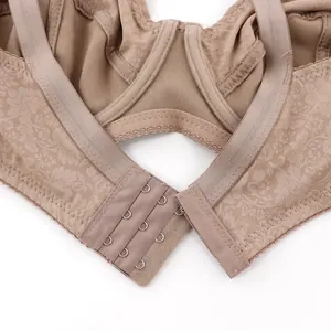 Detail view of 3-row hook closure on full cup lace bra with butterfly print