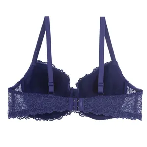 Plus size full cup push up lace bra with back double hook closure in navy blue.