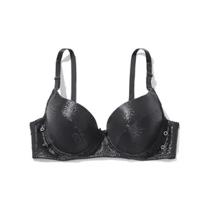 Elegant black PU leather push-up bra with detachable straps and metallic texture