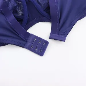 Detail view of a blue lace bra with a two-row hook-and-eye back closure