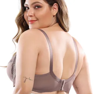 Detailed back view of a plus-size lace bra with U-shaped design and wide straps